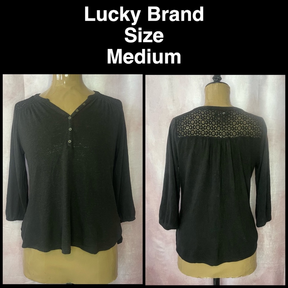 Lucky Brand Black Lace 3/4 Length Sleeve Top Size Medium